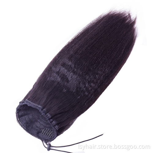 Natural African Girl Kinky Straight Human Hair Drawstring Ponytail Clip In Hair Extensions Natural Color Puff Ponytail Products